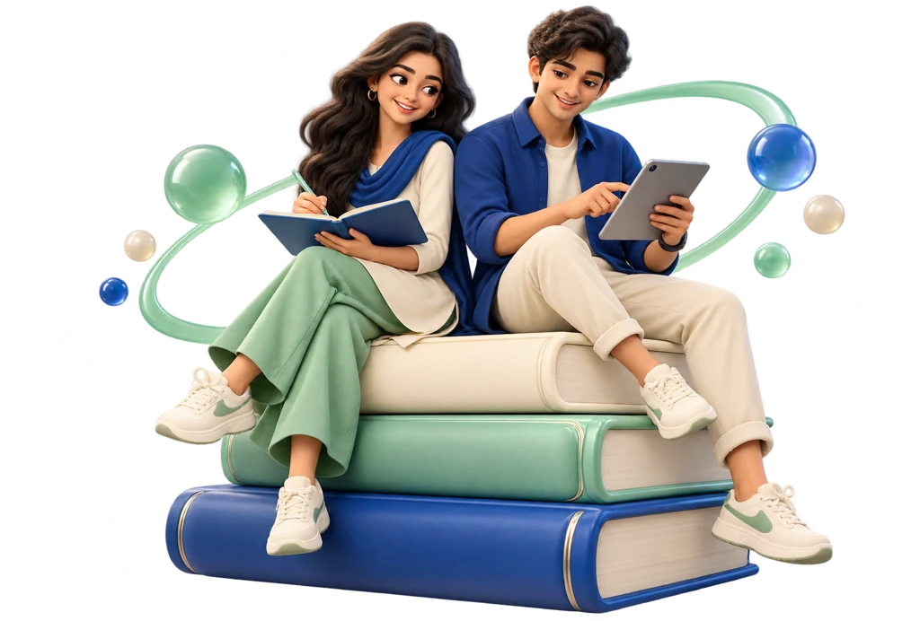 Two students learning together with books and a tablet